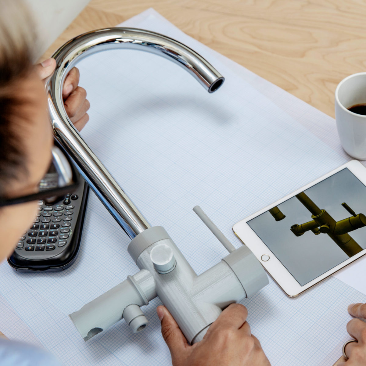 engineers measure a faucet