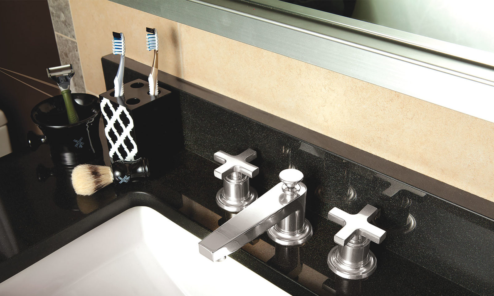 Rincon Bay Widespread faucet in satin nickel on bathroom sink